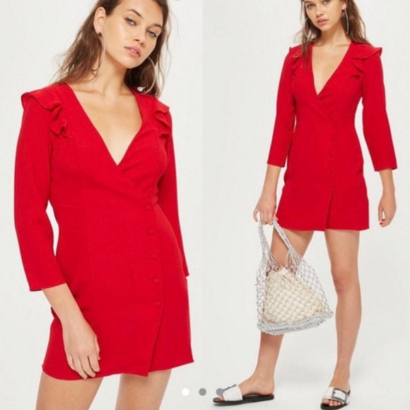 Topshop | Retro Mod Design Ruffle Details V-Neck Holiday Mini Blazer Dress - Picture 15 of 15